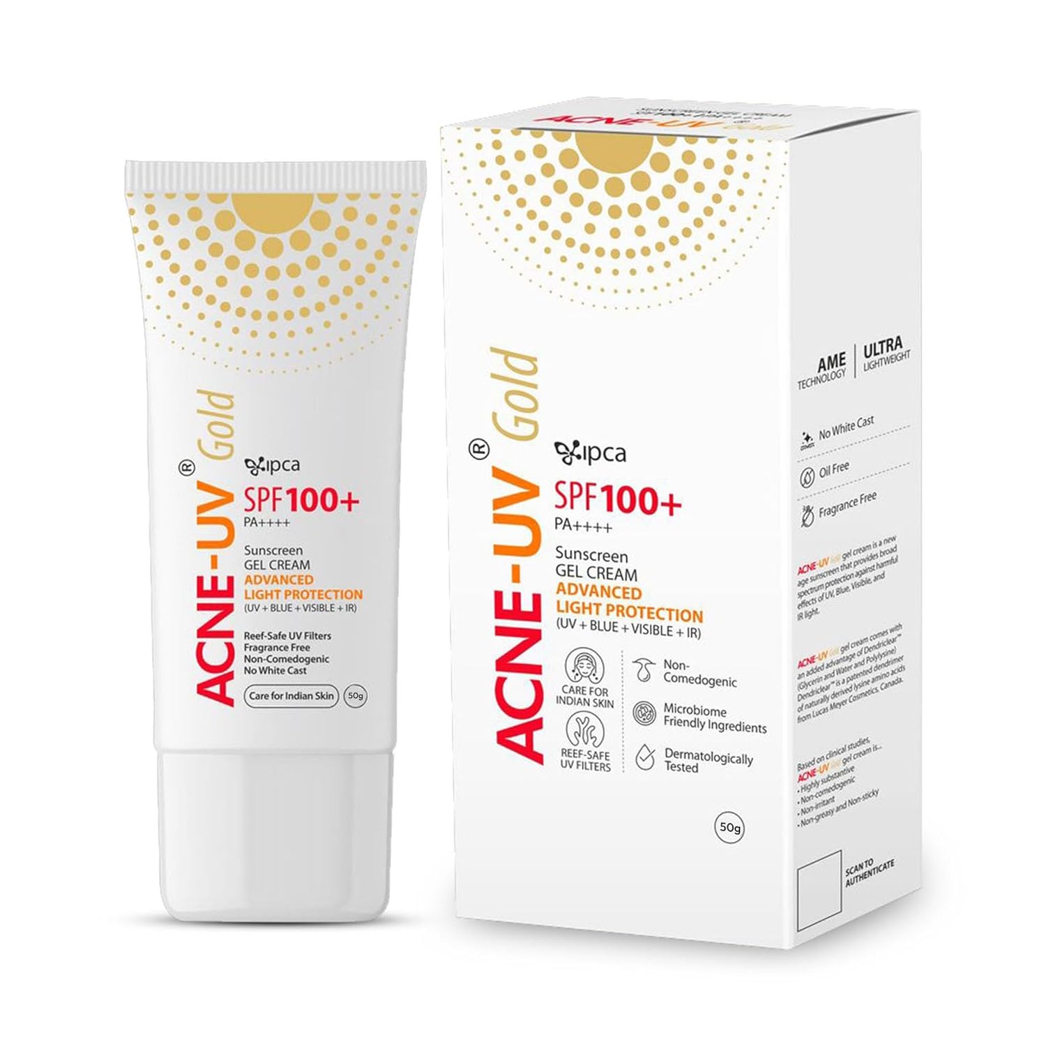 ACNE-UV GOLD Sunscreen SPF 100+ PA++++ | 50g Oil Free, Non Comedogenic Silicone Gel Sunscreen | UVA/UVB Protection | Water Resistant | No White Cast | Suitable for All Skin Types
