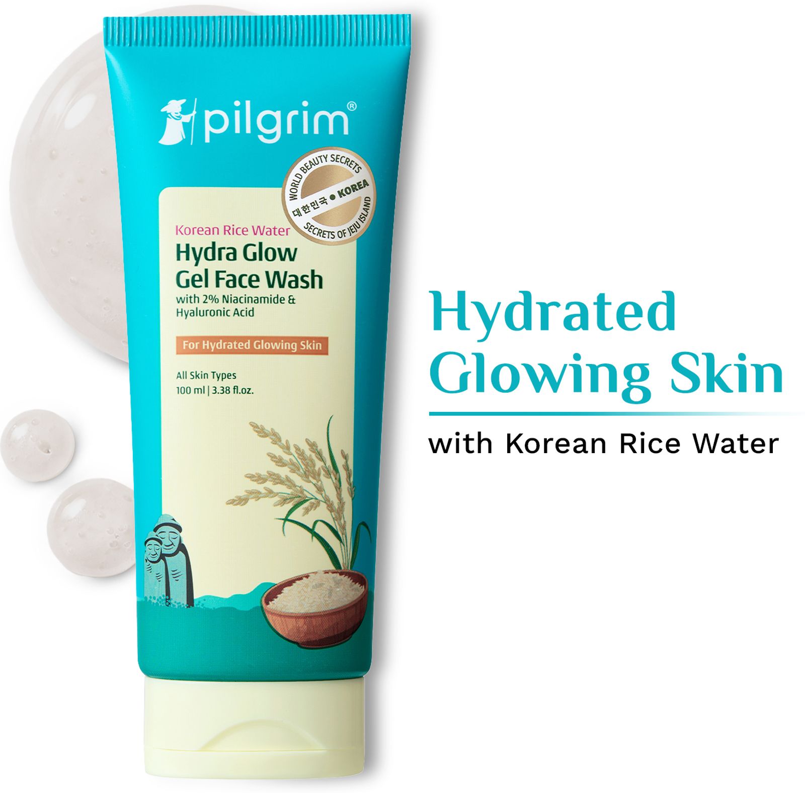 Pilgrim Korean Rice Water Hydra Glow Gel with 2% Niacinamide & Hyaluronic Acid Face Wash (100 ml)