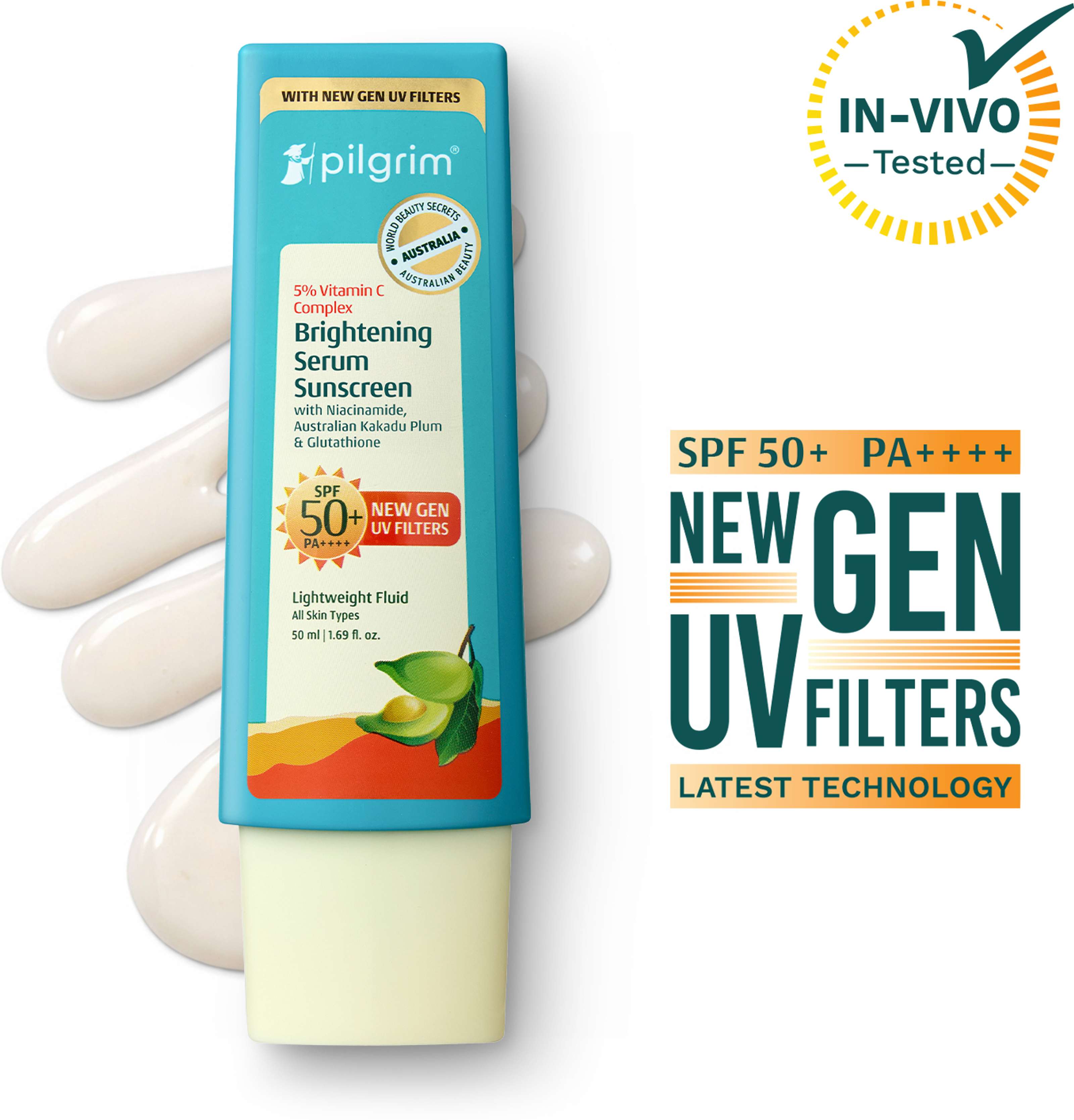 Pilgrim Sunscreen - SPF 50+ PA++++ 5% Vitamin C Complex Brightening Serum Sunscreen, In-Vivo Tested | Non Sticky (50 ml