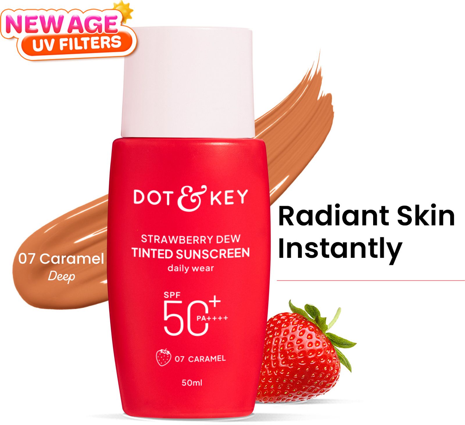 Dot & Key Sunscreen - SPF 50 PA++++ Strawberry Dew Tinted, In-Vivo Tested, Caramel, for Daily Wear, Brightens Skin (50 ml)