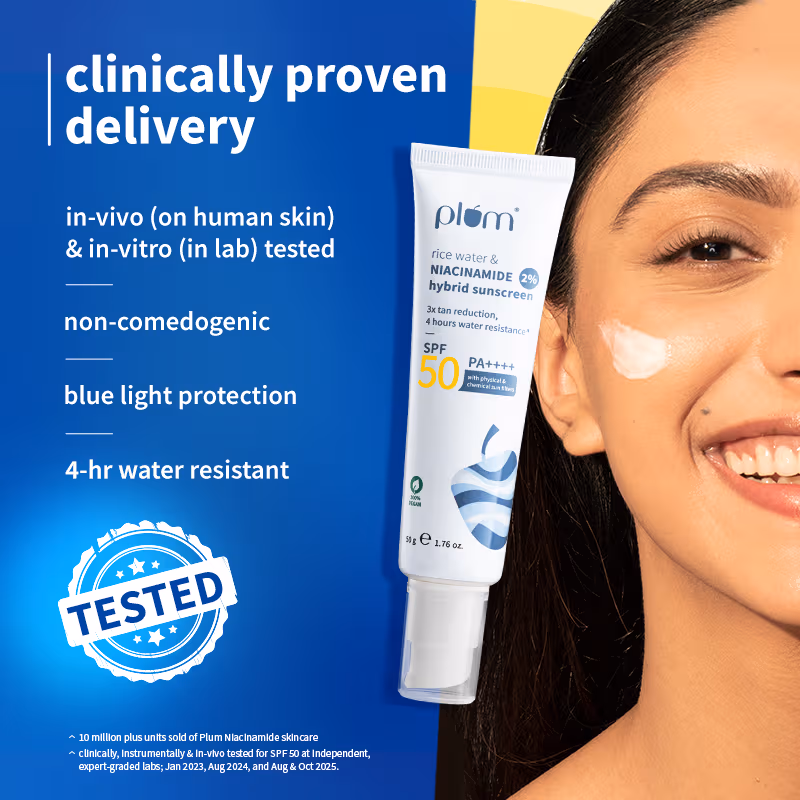 Plum 2% Niacinamide & Rice Water SPF 50 PA+++ Sunscreen - Fades Tan, For Oily To Dry Skin Type