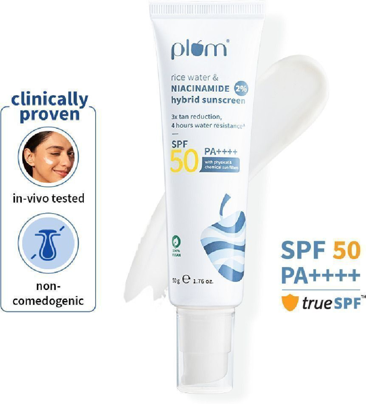 Plum Sunscreen - SPF 50 PA++++ 2% Niacinamide & Rice Water hybrid Sunscreen | Brightens, No White Cast | Dermat-Tested (50 g)