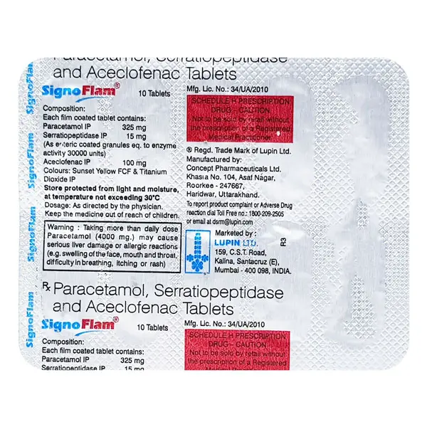 Signoflam Tablet (Aceclofenac 100mg + Paracetamol 325mg + Serratiopeptidase 15mg)