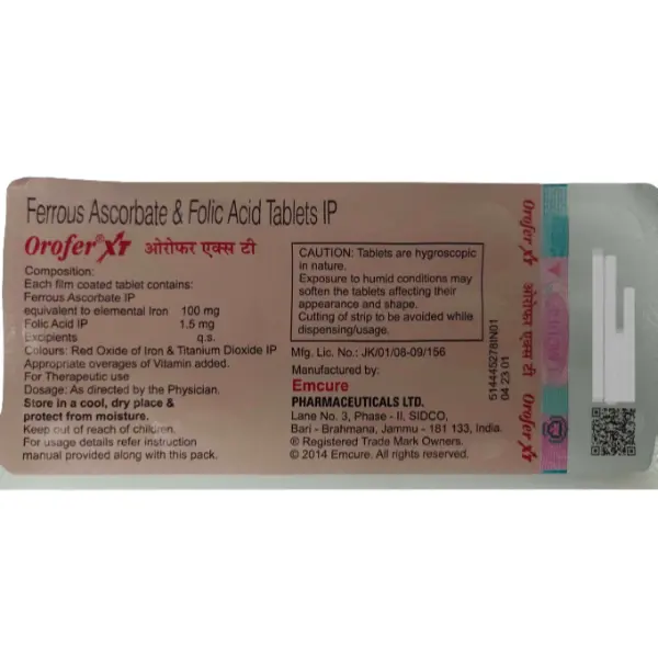Orofer XT Tablet Ferrous Ascorbate 100mg + Folic Acid 1.5mg